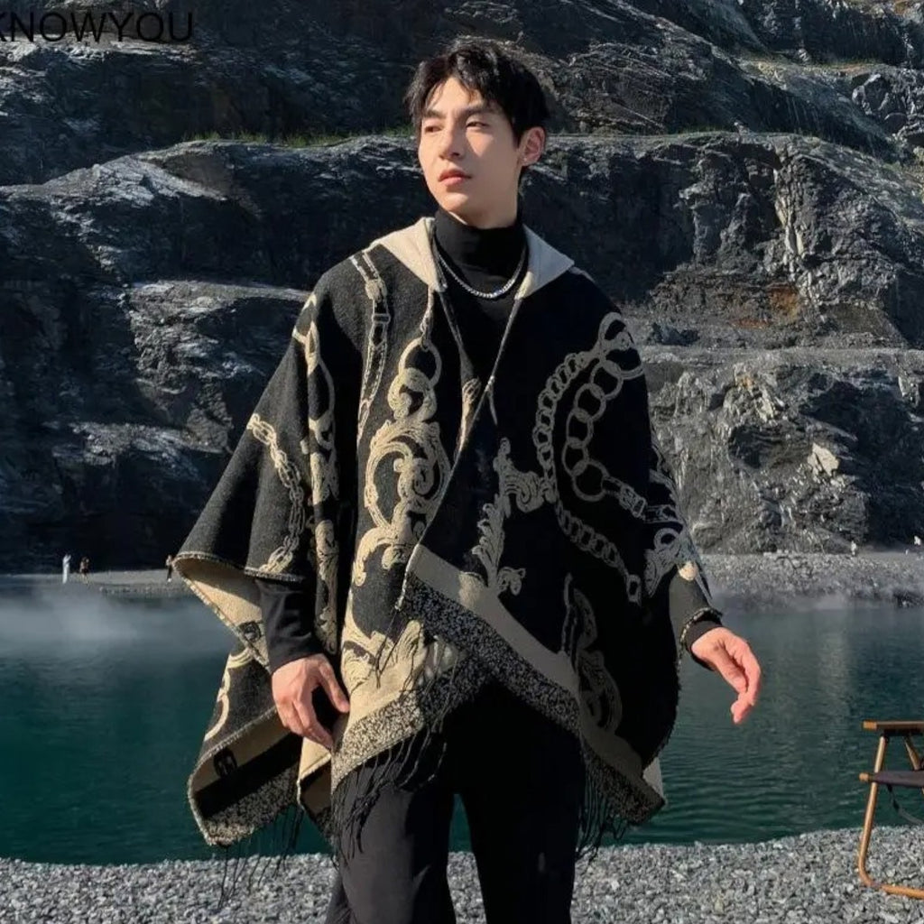 Poncho chaud homme motifs chaînes dorées