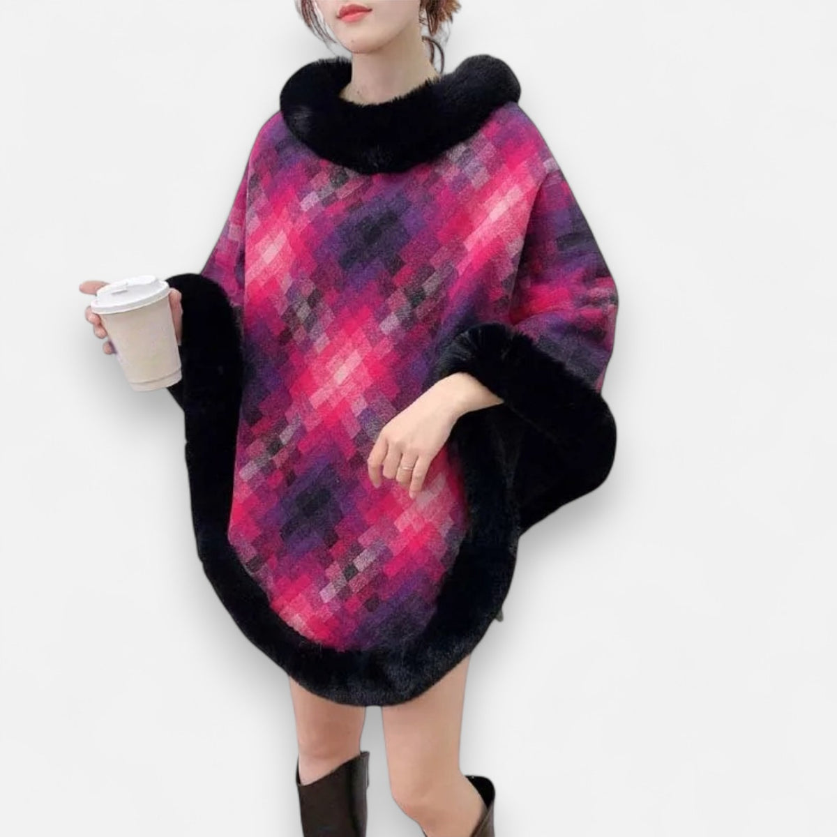 Poncho en laine femme fourrure