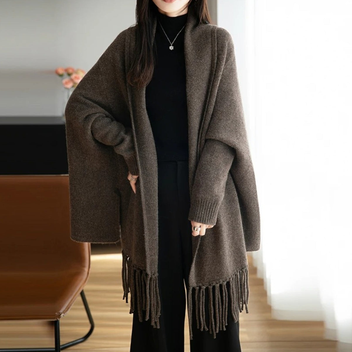 Poncho en laine femme à franges