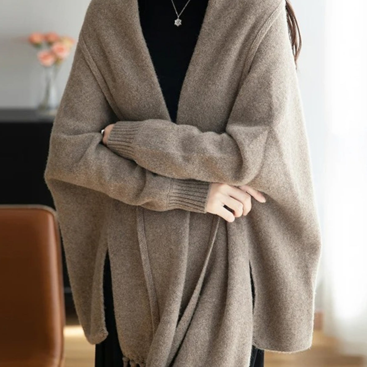 Poncho en laine femme à franges